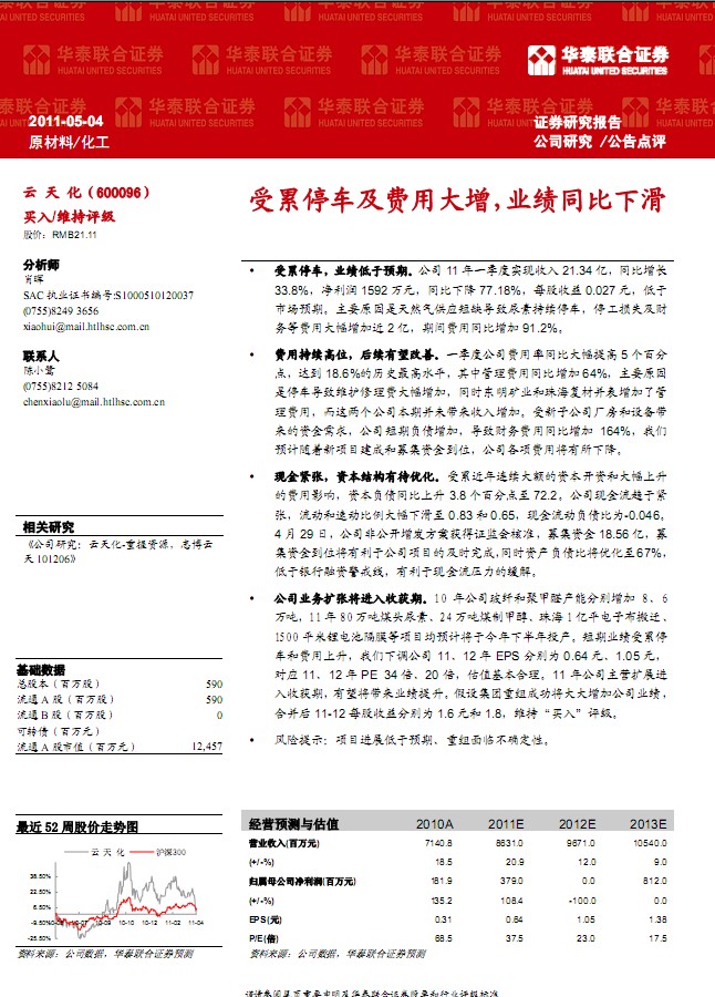 云天化-600096-受累停車及費用大增,業(yè)績同比下滑
